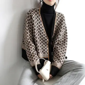 2020 Toamna și Iarna coreeană Stil Retro Elegant Tricotate Cardigan pentru Femei V-neck Carouri Haina Pulover Vrac