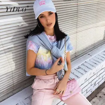 YiDuo Moda Tie Dye Imprimare Grafic T Shirt Femei 2020 Casual De Vara Topuri Sexy Cu Maneci Scurte Crop Top Tricou Streetwear