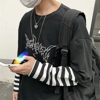 Lychee Harajuku Mozaic cu Dungi pentru Femei T-shirt Fals 2 Piese pentru Femei T Shirt Scrisoare de Imprimare Maneca Lunga Doamna T-shirt