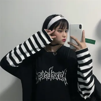 Lychee Harajuku Mozaic cu Dungi pentru Femei T-shirt Fals 2 Piese pentru Femei T Shirt Scrisoare de Imprimare Maneca Lunga Doamna T-shirt
