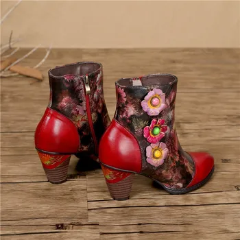Johnature Pantofi De Iarna Pentru Femei Cizme Pentru Femei Din Piele 2020 Noi Culori Amestecate Zip De Flori Handmade Stil Național Cizme Cu Toc