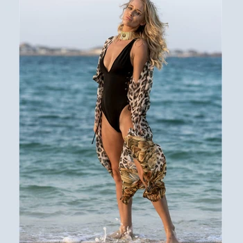 Noi Femeile De Vară Sifon Leopard Print Cover-Up Bikini Plaja Doamnelor Rochie Costum De Baie De Protecție Solară WearSexy Bluza Lunga, Costume De Baie