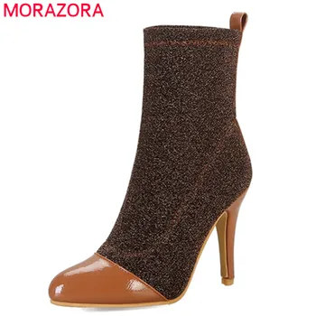 MORAZORA 2020 new sosire femei glezna cizme a subliniat toe toamna iarna Întinde cizme tocuri inalte petrecere de nunta pantofi de femeie