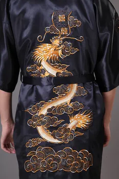 Negru Bărbați Chinez Broderie Halat Kimono Rochie cămașă de noapte din Satin Pijamale, Halat de baie Hombre Pijama S-XXXL