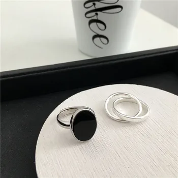 ANENJERY Simplu Moda Negru Picătură Glazura de Formă Ovală de Culoare Argintiu Deschis Inel Pentru Femei Partid Cadouri Bijuterii S-R696