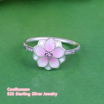 Primăvara Pal Cerise Email & Pink CZ Magnolie Floare Inel Argint 925 Floare de Logodna Inele Bijuterii Pentru Femei Fete
