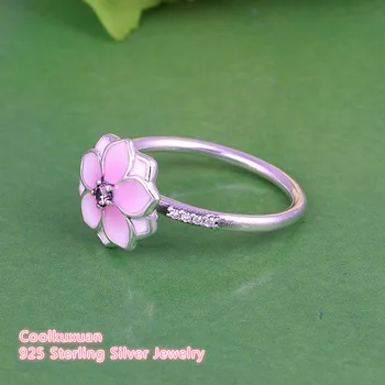 Primăvara Pal Cerise Email & Pink CZ Magnolie Floare Inel Argint 925 Floare de Logodna Inele Bijuterii Pentru Femei Fete