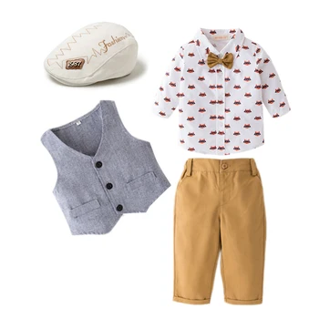 Toddler Boys Haine Imprimate Tricou + Vesta + Pantaloni + Hat Set 1-6 T Mâneci Lungi Copii Costum Toamna Costum Copil Utilaje Copil