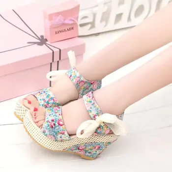 XingDeng Moda Femei Pană Platforma Florale Imprimate Sandale De Doamnelor Papion Dulce Tocuri Peep Toe Sandale Marimea 35-39