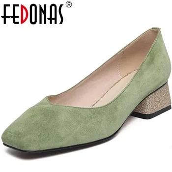 FEDONAS New Sosire Femei Petrecerea de Nunta Pompe de Primavara-Vara Pătrat Tocuri Pantofi de piele de Căprioară Piele de Înaltă Calitate, Pantofi de Femeie