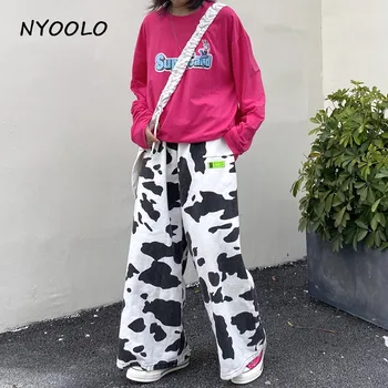 NYOOLO Harajuku streetwear vaca model de înaltă talie pantaloni largi picior femei Casual pierde talie elastic lungime de glezna hip hop pantaloni