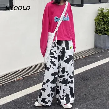 NYOOLO Harajuku streetwear vaca model de înaltă talie pantaloni largi picior femei Casual pierde talie elastic lungime de glezna hip hop pantaloni