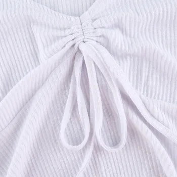 Dossni Tricotate pentru Femei T-Shirt de Toamna cu Maneci Lungi Y2k Topuri Scurte Drawsting Fata Volane Cămașă Albă de Vara Tricou Basic Topuri