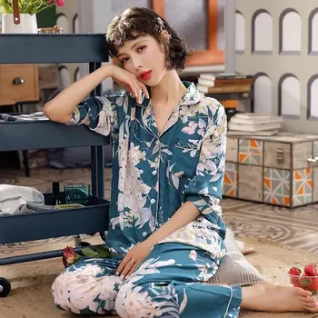 Femeie din Bumbac Satinat Pijamale Costum de Floarea-soarelui de Imprimare Maneca Lunga, Pijamale Femei 2 Piese Pijamale Subțiri Casual Doamnelor Homewear