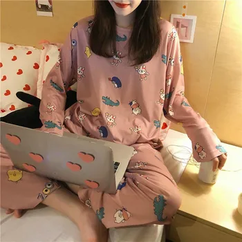 2020 Nou Toamna Iarna 2piese Pijama Set Femei Fete din Bumbac Rotund Gat Seturi de Pijamale Ceașcă de ceai Pisica Sleepwear Haine Gratuit