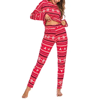 Femei Trening 2 buc Costum de Crăciun de Iarnă de Top, Pantaloni Costum Imprimat cu Maneci Lungi Rotunde Gât Lapte de Mătase, Elastic Talie Îmbrăcăminte Set