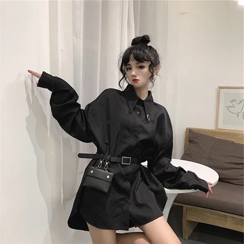 Gothic Punk Inel Guler, Centura De Talie Sac Elegant Bluza Vrac Harajuku Streetwear Coreean Femei Tricou Lung Negru Top Hip Hop Blusas