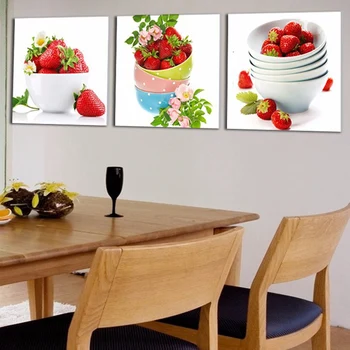 Canvas Wall Art Imagini HD Printuri Restaurant Decor Acasă 3 Bucăți de Fructe Capsuni Picturi Cadru Pentru Bucatarie Modern Poster