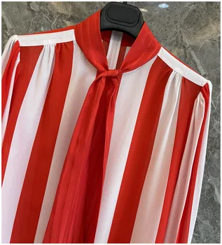 Primavara / Vara Noi Matase pentru Femei Tricou Roșu Și Alb Dungi Largi de Mătase cu Mâneci Lungi Tricou Toate-Meci Bluza Femei 2021