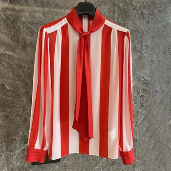Primavara / Vara Noi Matase pentru Femei Tricou Roșu Și Alb Dungi Largi de Mătase cu Mâneci Lungi Tricou Toate-Meci Bluza Femei 2021