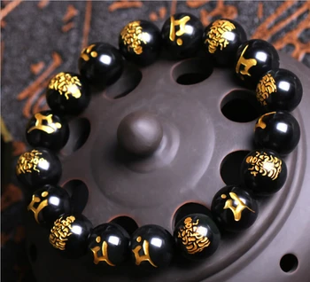 10MM de Înaltă Calitate Naturale de Aur de Imprimare Negru Obsidian Sculptate Buddha Norocos Amuleta Margele Rotunde Brățară Pentru Femei, Bărbați Brățară