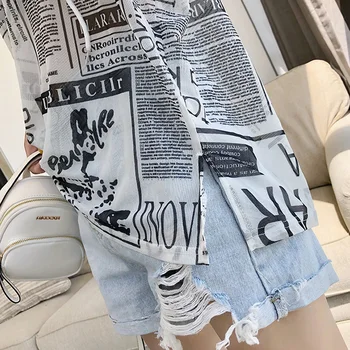 Ziarul scrisori Model de Imprimare Șifon Tricou Femei Goale Topuri de Vara streetwear Maneca lunga translucid T-shirt beachwear