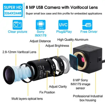 8MP HD SONY IMX179 Usb Video Webcam Mini Cutie de Supraveghere USB aparat de Fotografiat cu 2.8-12mm Varifocal CS Obiectiv pentru Android,Linux ,Windows