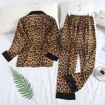 Femei Cămașă De Noapte De Lux Leopard Seturi De Pijamale Cu Maneca Lunga Sleepwear Set De Cămașă De Noapte Homewear Pijama Femme Moale Faux Satin De Matase