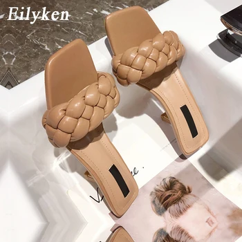 Eilyken 2021 Noi Femeile Glisante Pantofi De Moda Țese Solid Superficial Papuci De Vară În Aer Liber Tocuri Joase Doamnelor Sandale Gladiator