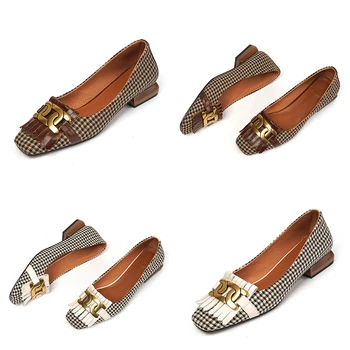 Noua Din Piele Femei Pantofi De Moda Ciucure Margele Primăvară Pompa Square Toe Slip-On Casual Pantofi Toc Gros De Dimensiuni 34-40 Manual