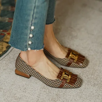 Noua Din Piele Femei Pantofi De Moda Ciucure Margele Primăvară Pompa Square Toe Slip-On Casual Pantofi Toc Gros De Dimensiuni 34-40 Manual