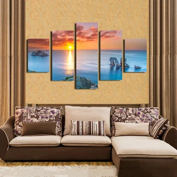 Opera de arta Modular Poze Canvas Decor Perete Living 5 Bucati de Corali Piatra Răsărit de soare peisaj Marin Picturi Artă Cadru Poster HD Printuri