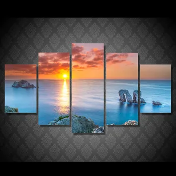 Opera de arta Modular Poze Canvas Decor Perete Living 5 Bucati de Corali Piatra Răsărit de soare peisaj Marin Picturi Artă Cadru Poster HD Printuri