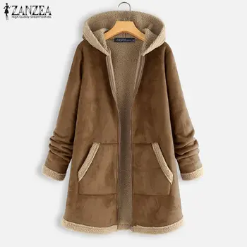 2021 Plus Dimensiune ZANZEA Iarna cu Fermoar Fleece Jachete Femei de Epocă Solid Hanorac cu Maneca Lunga Cald Paltoane Paltoane Femme Uza