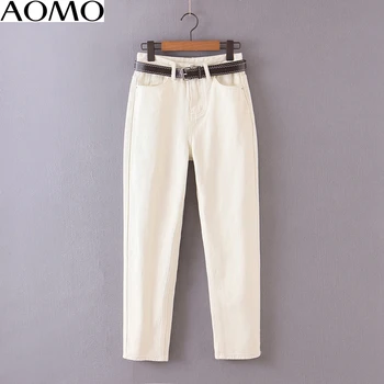 AOMO 2020 femei de moda mama blugi pantaloni cu curea de pantaloni lungi strethy talie buzunare cu fermoar femei pantaloni HY41A