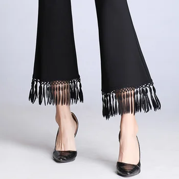 Plus dimensiune S-9XL Femei Pantaloni Flare Ciucuri Subțire Talie Elastic Pantaloni de Moda Alb-Negru