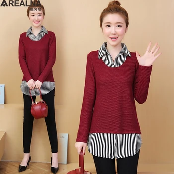 Blusas mujer de moda 2020 toamna coreean Fals Două Piese de Mozaic cu dungi plus dimensiune camasi cu maneca Lunga bluza Vintage femei 5XL