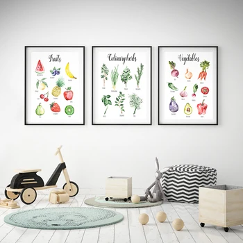 Desene Animate Legume, Fructe, Ierburi Culinare Poster De Imprimare Panza De Epocă Wall Art Print Botanică Imagine Știință Poster Bucătărie Decor