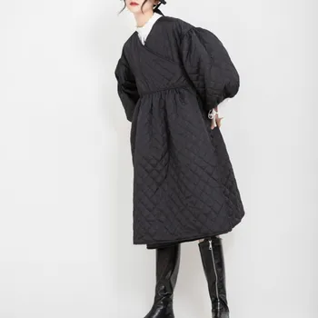 2020 Femei Hanorac De Iarnă Puff Sleeve Wrap Jachete Lungi De Sex Feminin Cald Supradimensionat Haină Neagră Streetwear Bumbac Căptușit Uza