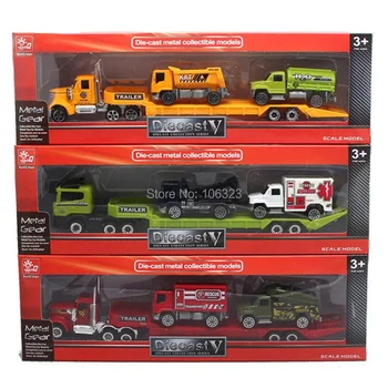 Noi 1set : 1 Flatbed Camioane de Marfă cu 2 Mașini, turnat Metal de Colectie, Modele, Rulota Container pe vagon-platformă Copil Jucării