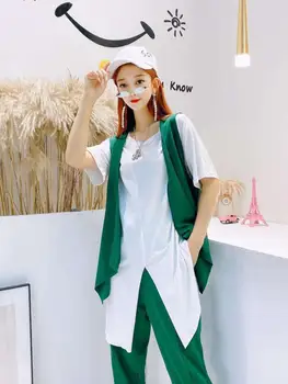 2020 Femei primavara-vara 3-piesă de costum de Femei plus dimensiune coreean liber cu mânecă scurtă tricou + vesta + pantaloni casual costum 6XL