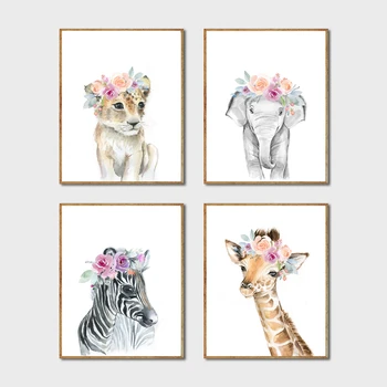 Desen animat Animale Panza Pictura Coroana Florale Acasa Art Decor Print Animal Girafa, Elefant, Leu Arta de Perete Poza pentru Decor Dormitor