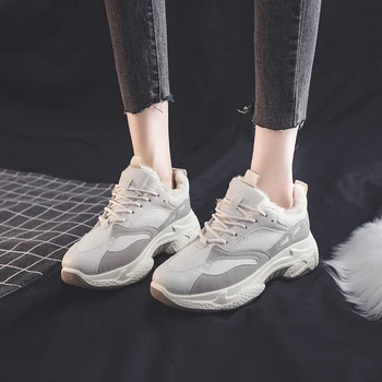 KARINLUNA Doamnelor Confort Moda dantelă-up Tata Apartamente INS Fierbinte Platforma Adidasi pentru Femei de Iarnă Caldă se Adaugă Pantofi Blană Femeie