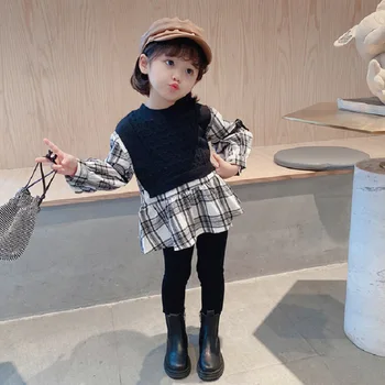Gooporson Toamna fetite Haine Tricot Despicare Carouri Bluza Lunga de Moda coreeană Maneca Lunga Tricou Copii Drăguț Costum de top