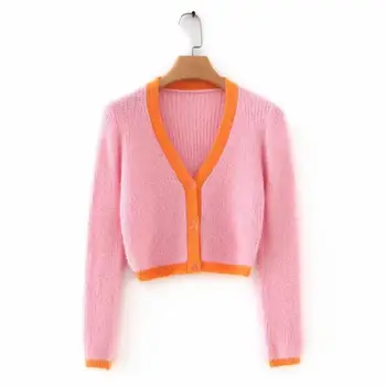 Noi 2020 Korean Roz Trunchiate Cardigan Culturilor Topuri Femei Tricotaje, Pulovere Toamna Short Sleeve V-neck Cardigan Pulover de Mohair