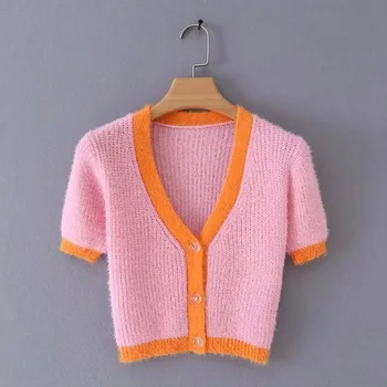 Noi 2020 Korean Roz Trunchiate Cardigan Culturilor Topuri Femei Tricotaje, Pulovere Toamna Short Sleeve V-neck Cardigan Pulover de Mohair
