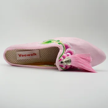 Veowalk Broderii Florale Ciucure pentru Femei Catifea de Bumbac, Papuci de casă Subliniat Toe de Vară Comfort tv cu Tobogane de Pantofi pentru Femei