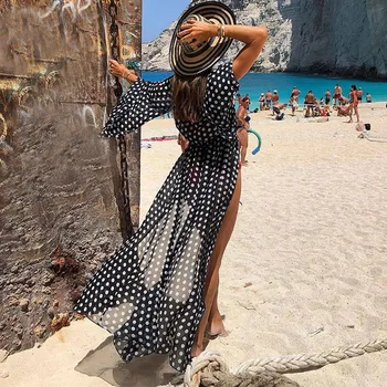 Femei Femei Polka Dot Prinr Long Sleeve Cover-Up-Uri Casual Femei Vrac Sundress Plaja Bikini Negru Acoperă-Up-Uri