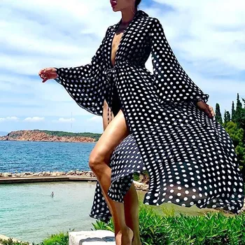 Femei Femei Polka Dot Prinr Long Sleeve Cover-Up-Uri Casual Femei Vrac Sundress Plaja Bikini Negru Acoperă-Up-Uri