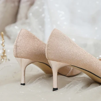 Pantofi de nunta pentru Femei 2020 Nouă de Pantofi de Mireasa Șampanie Aur Tocuri inalte Femei cu Toc Subțire All-meci Pearl Nunta, Pantofi de Cristal
